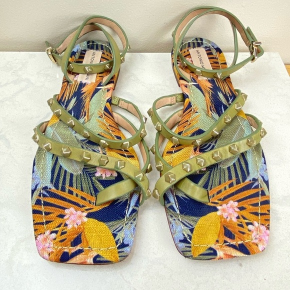 ANTONIO MELANI STAPPY STUDDED LEATHER TROPICAL GLADIATOR SANDALS - Picture 1 of 9